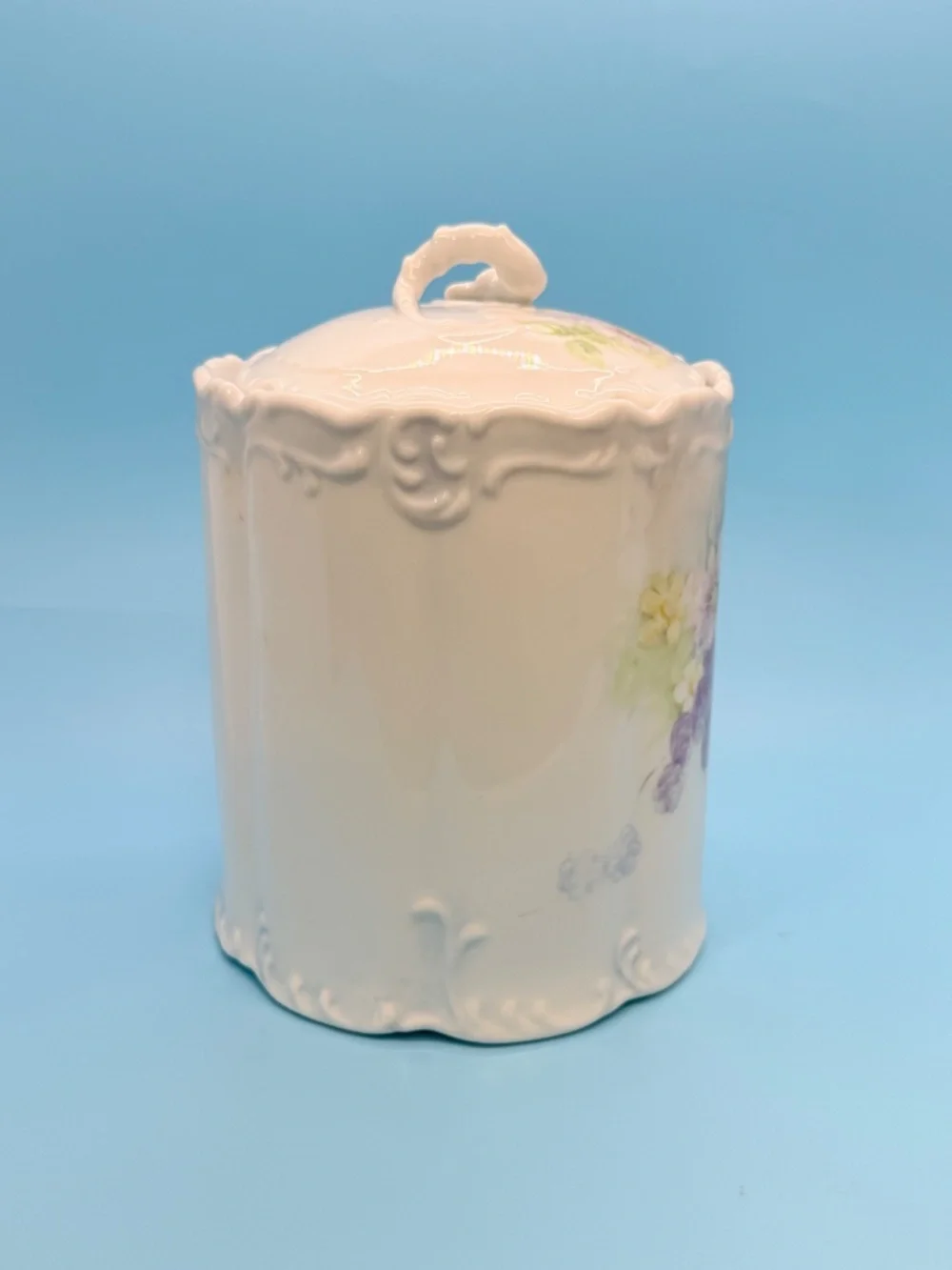 Vintage Porcelain Embossed Biscuit Jar & Lid Handpainted w Pastel Floral Motifs